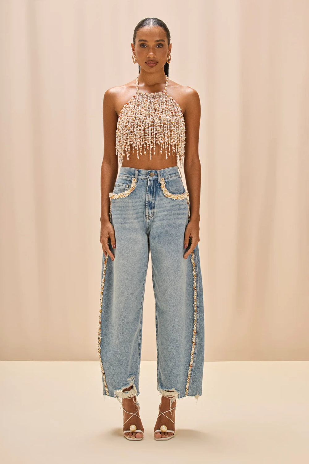 PEARL DUST EMBROIDERY HALTERNECK TOP