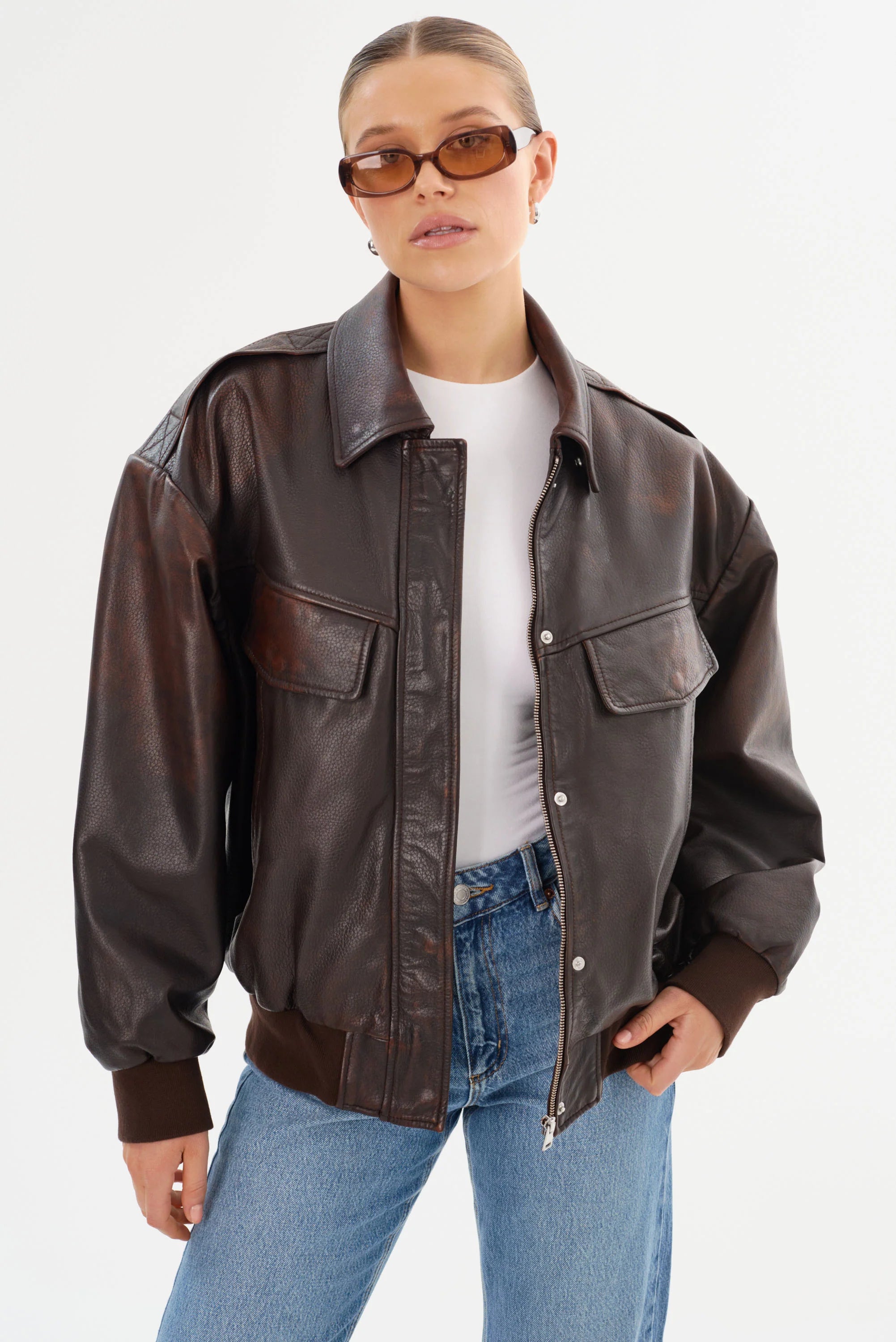 LA MARQUE TREVANNA LEATHER BOMBER JACKET IN RUB OFF BROWN