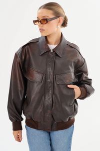 LA MARQUE TREVANNA LEATHER BOMBER JACKET IN RUB OFF BROWN