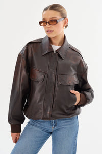 LA MARQUE TREVANNA LEATHER BOMBER JACKET IN RUB OFF BROWN