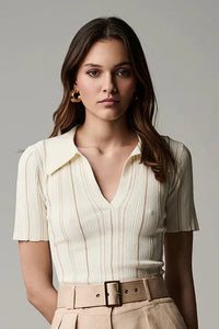 HEVRON DAISY KNIT POLO IN IVORY WHEAT STRIPE