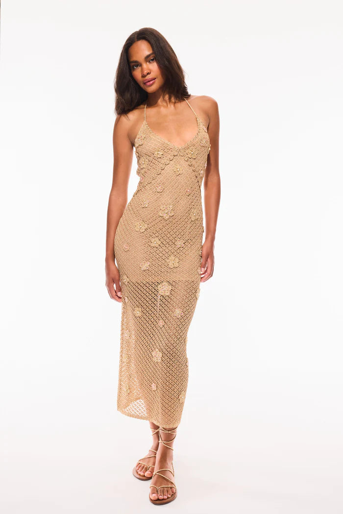 VREYA METALLIC CROCHET HALTER DRESS
