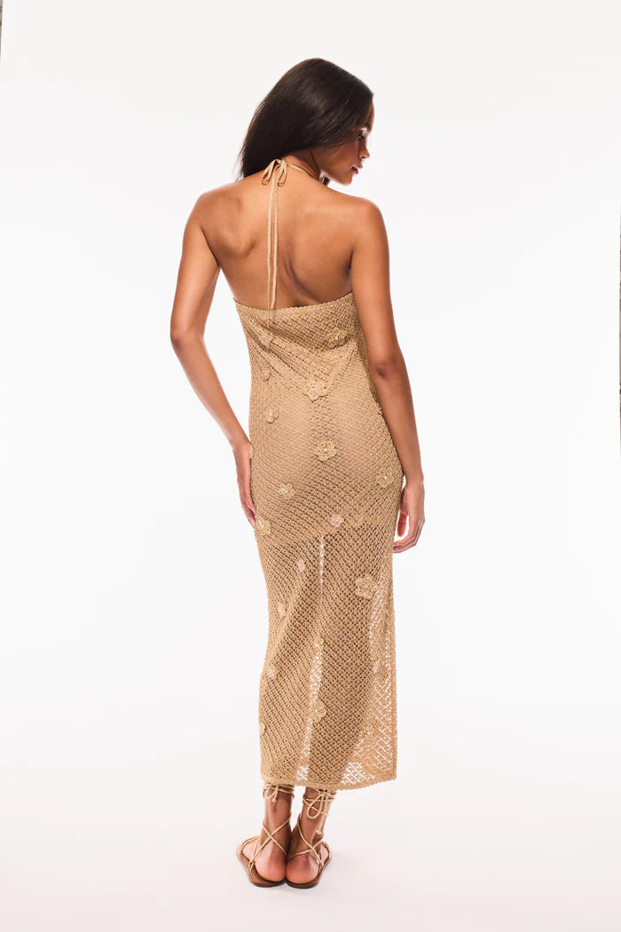 VREYA METALLIC CROCHET HALTER DRESS