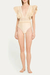 PATBO WOVEN TRIM PLUNGE BODYSUIT IN WHEAT