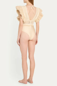 PATBO WOVEN TRIM PLUNGE BODYSUIT IN WHEAT