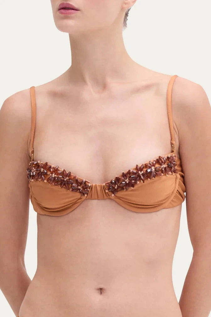 PATBO JERSEY SANDS BEADED BIKINI TOP IN BROWN