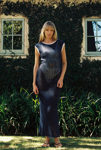 LA PORTE SWIM HALSE WINDOW PANE DRESS IN PEACOAT/CLOUD