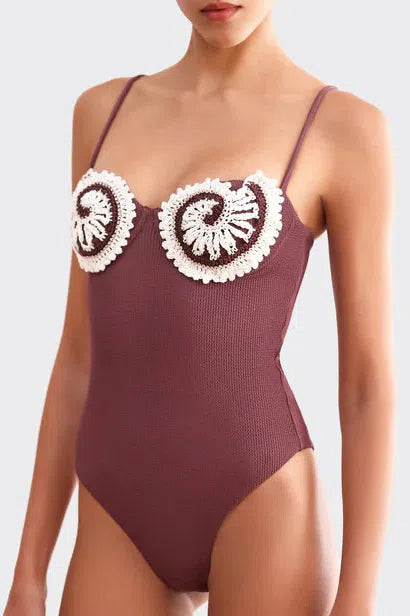 PATBO MERIAN KNIT EMBROIDERED SWIMSUIT IN BROWN