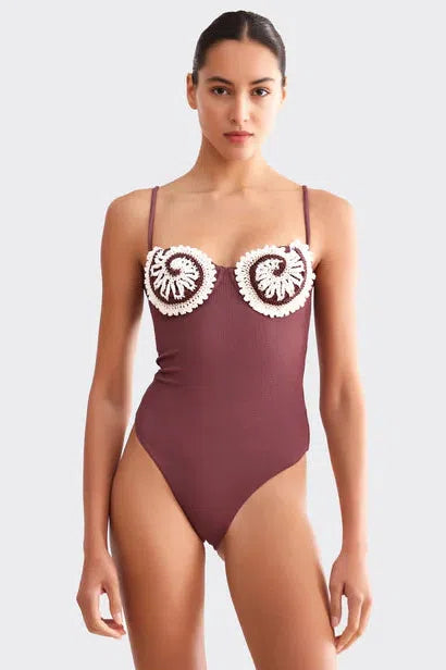 PATBO MERIAN KNIT EMBROIDERED SWIMSUIT IN BROWN