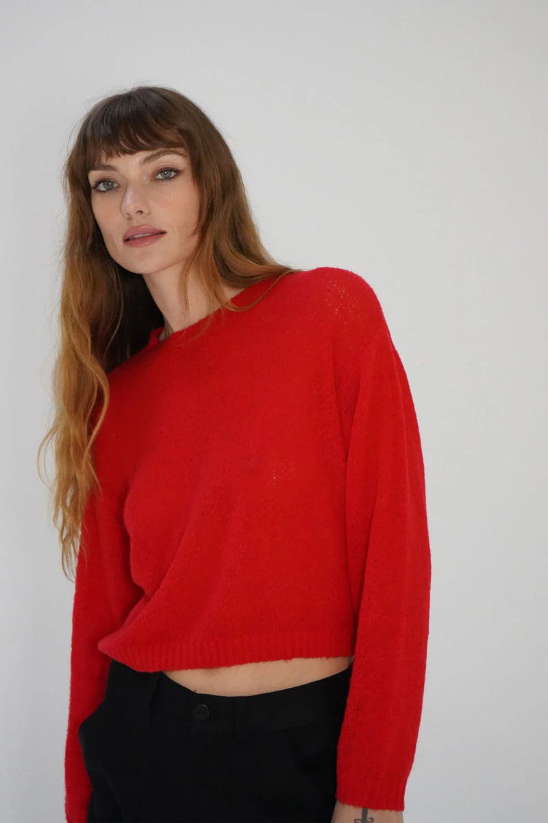 LNA LA COSTA SEMI SHEER SWEATER IN BRIGHT RED