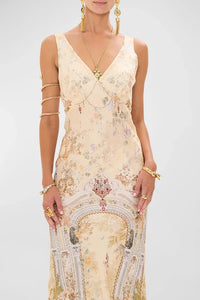 CAMILLA V-NECK JACQUARD SLIP DRESS IN ADORNED IN ANTIQUITY