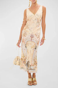 CAMILLA V-NECK JACQUARD SLIP DRESS IN ADORNED IN ANTIQUITY