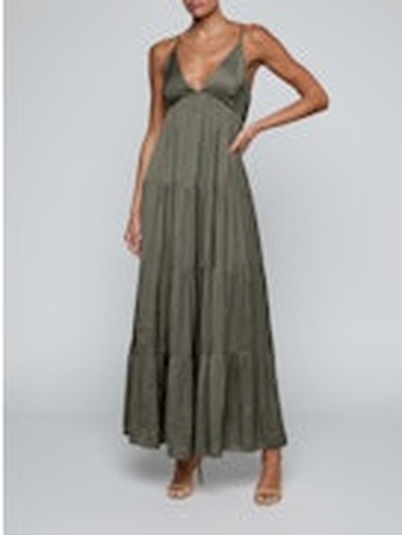 L'Agence Lua Sleeveless Tiered Maxi Dress in smokey olive, featuring a deep V-neckline, fitted empire waist, and flowing tiered panels extending to an ankle-length hem