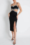 PATBO HAND-BEADED CUTOUT MIDI DRESS IN BLACK