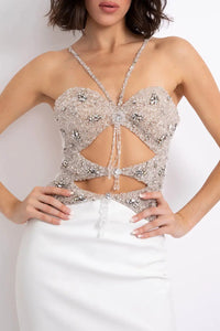 PATBO FITTED MIDI DRESS WITH BEADED BODICE IN WHITE