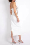 PATBO FITTED MIDI DRESS WITH BEADED BODICE IN WHITE