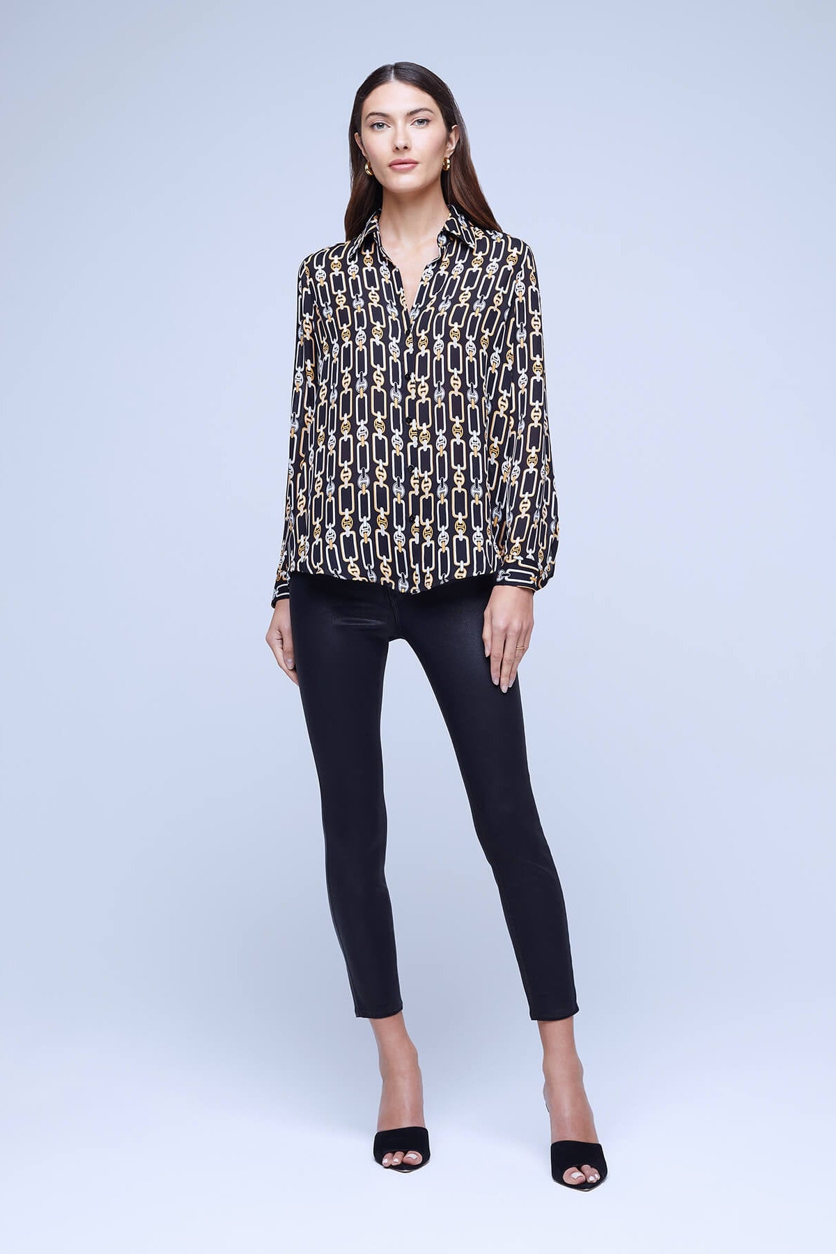 L'AGENCE NINA LONG SLEEVE BLOUSE IN BLACK MULTI TONAL MIX CHAIN