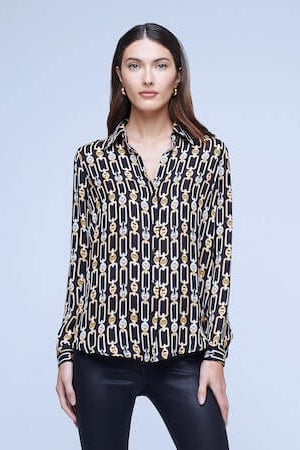 L'AGENCE NINA LONG SLEEVE BLOUSE IN BLACK MULTI TONAL MIX CHAIN