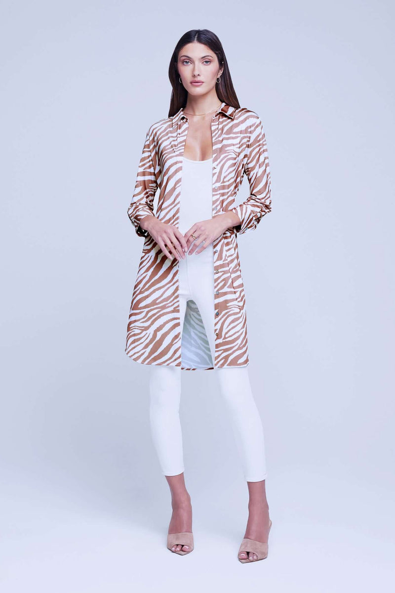 L'AGENCE ADDISON SHIRT DRESS IN SOFT TAN/ECRU ZEBRA