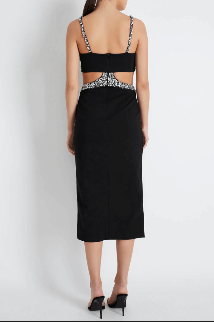 PATBO HAND-BEADED CUTOUT MIDI DRESS IN BLACK