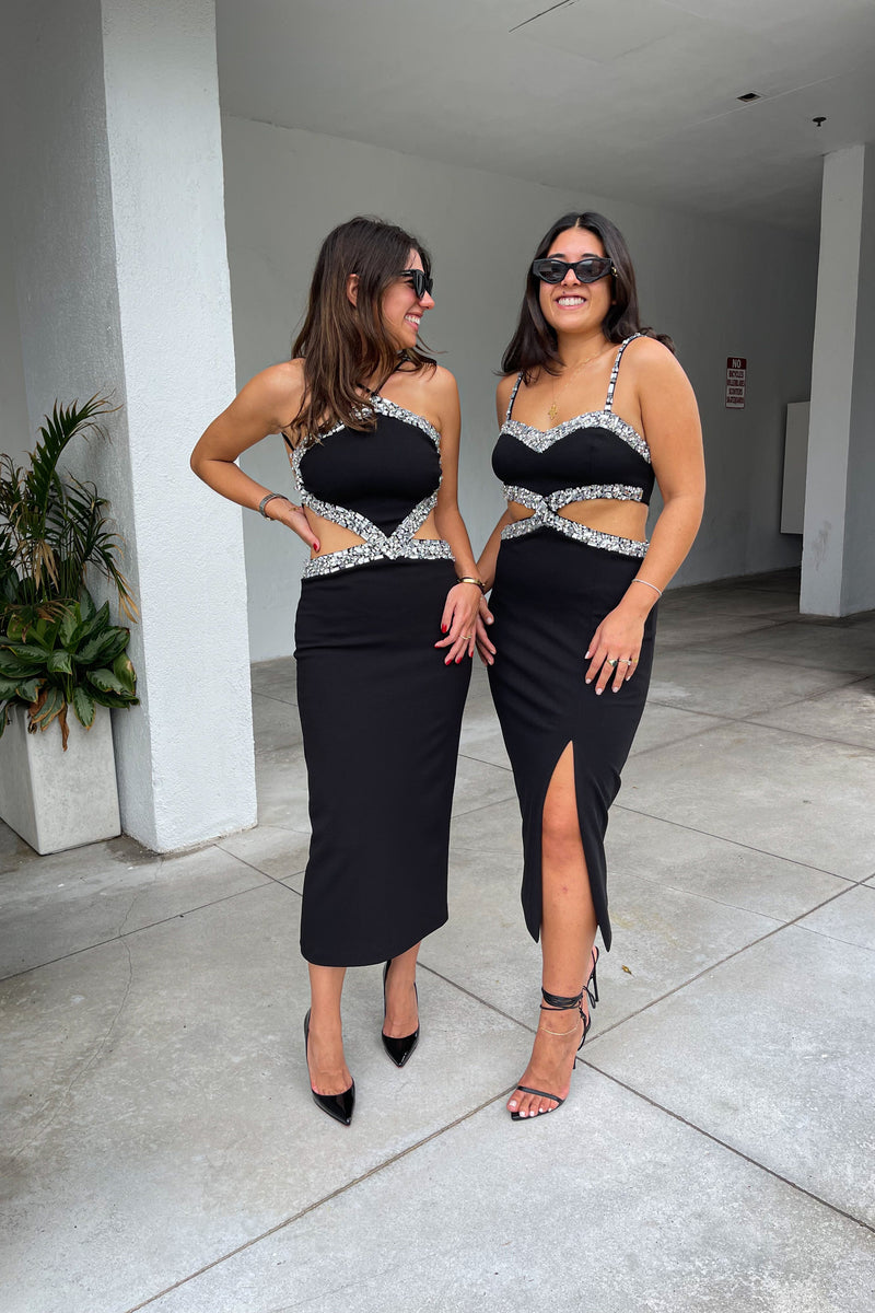 PATBO HAND-BEADED CUTOUT MIDI DRESS IN BLACK