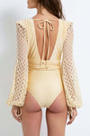 PATBO MONSTERA NETTED SLEEVE BODYSUIT IN SAND